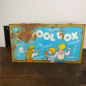 Vintage School Box with Blue and White Design